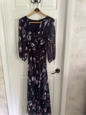 DKNYC Navy Floral Wrap Maxi Dress with Lavender and Pink Accents